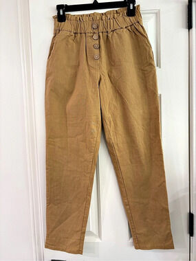 NIMIN Women's High-Waisted Button-Front Paperbag Work Pants in Khaki